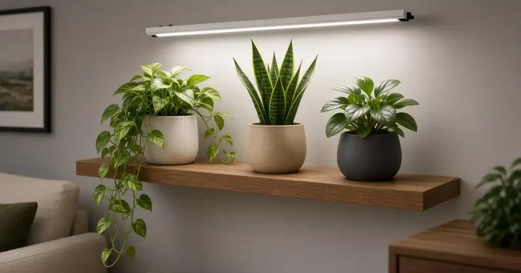 Houseplants on a shelf under a white LED grow light