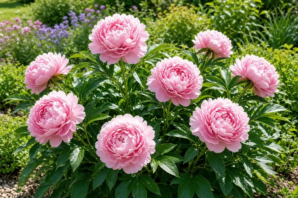 Pink peony blooms in a sunny garden bed