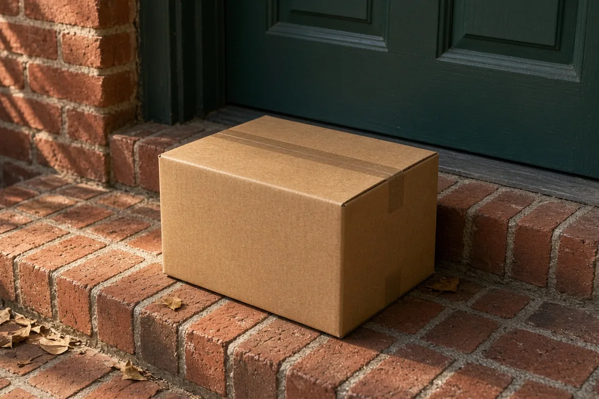 Plain cardboard box on a brick front step