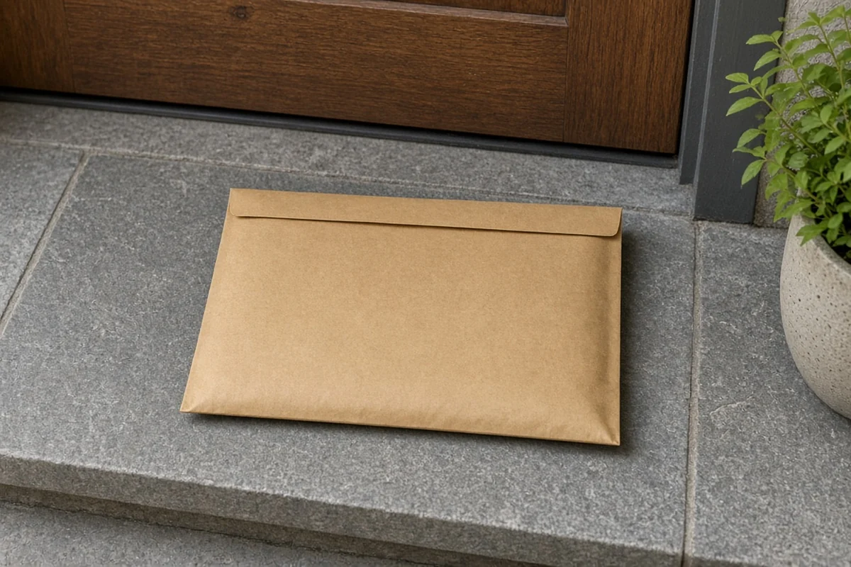 Plain unmarked mailer envelope on a doorstep