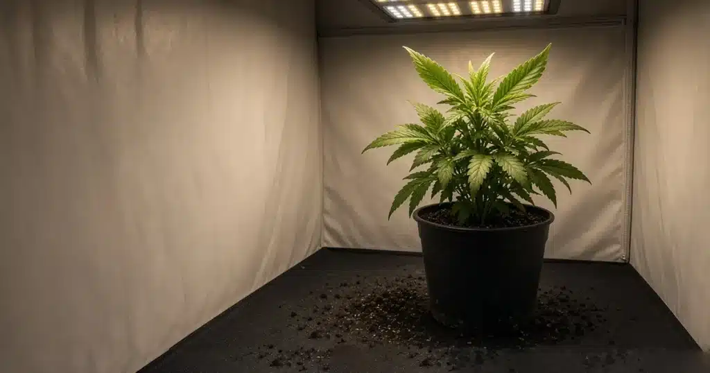 Cannabis plant with leaf edges curling upward under a grow light