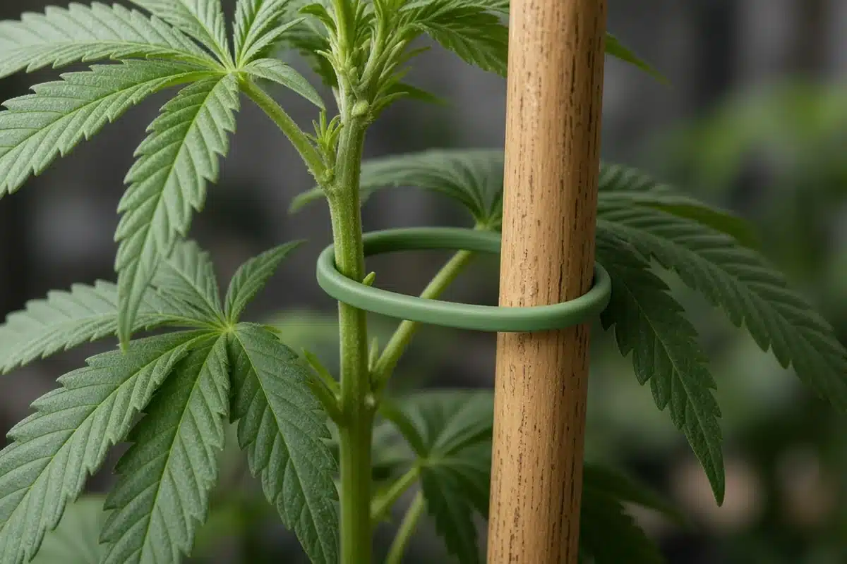 Soft plant tie looped loosely around a cannabis stem so it supports the branch without pinching it