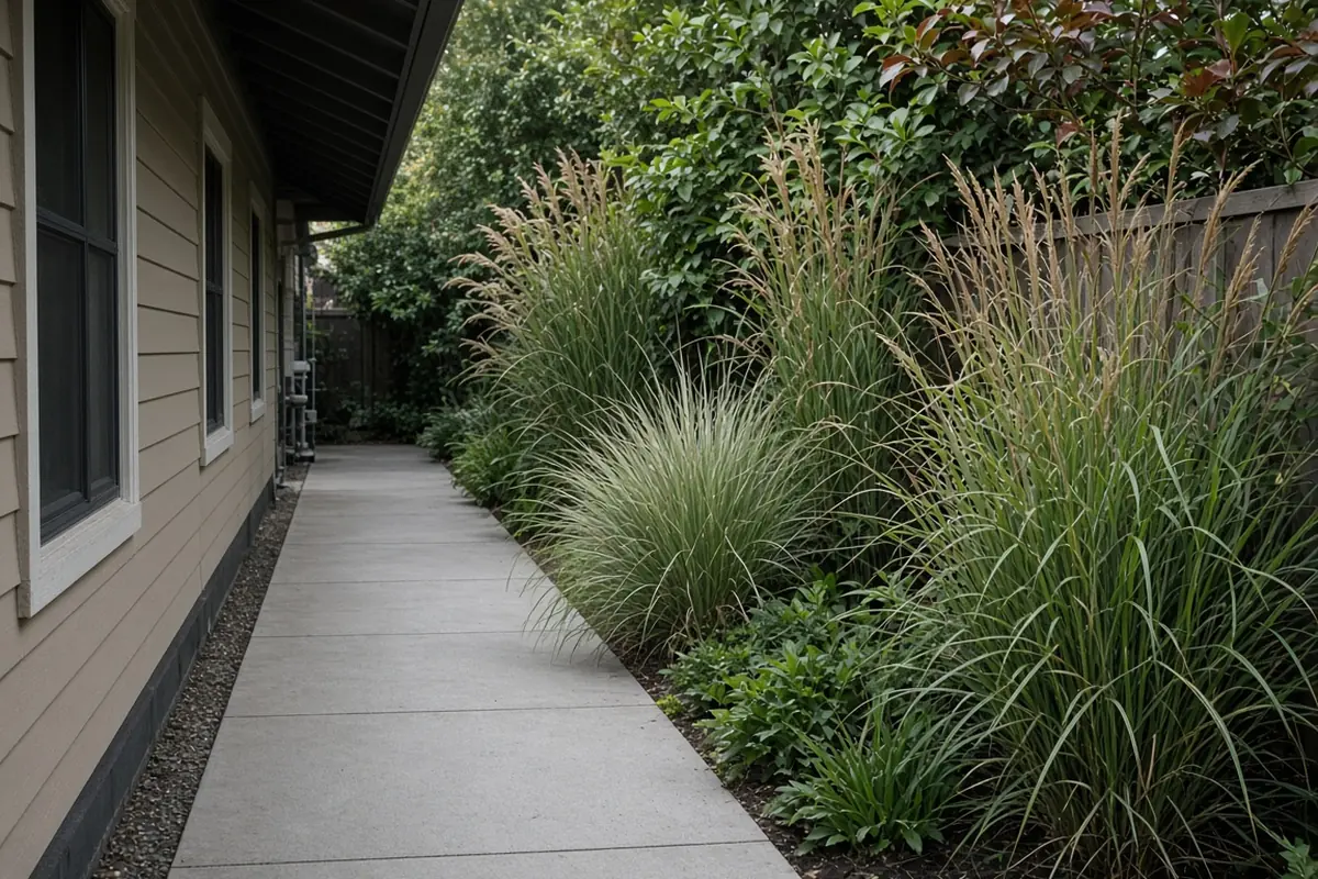 Planted screen leaving a clear path for bins
