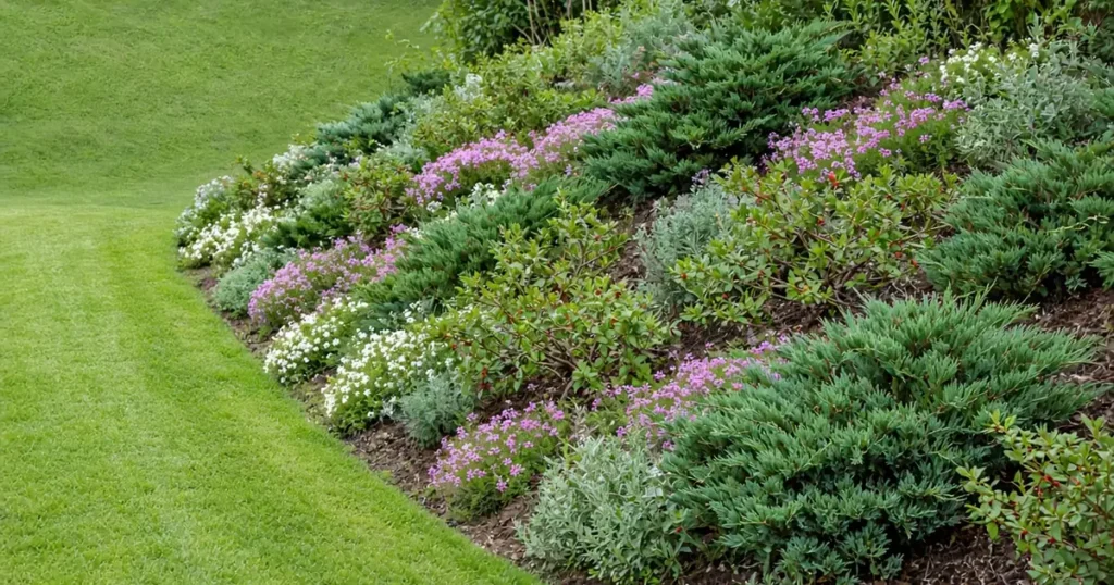 Planted bank with groundcovers and shrubs on a slope