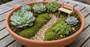 Miniature garden in a wide shallow container
