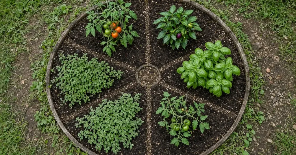 Round garden bed divided into slices of vegetables and herbs