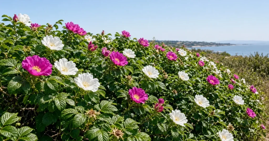 Rugosa rose hedge with magenta and white flowers near the coast
