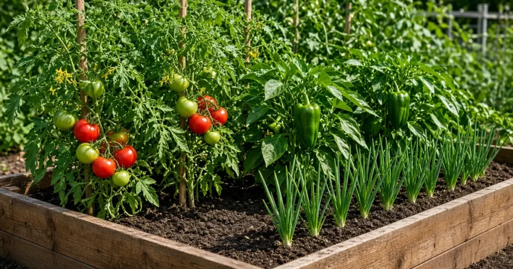 Raised bed with tomatoes, peppers and onions