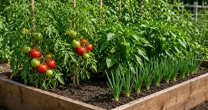 Raised bed with tomatoes, peppers and onions