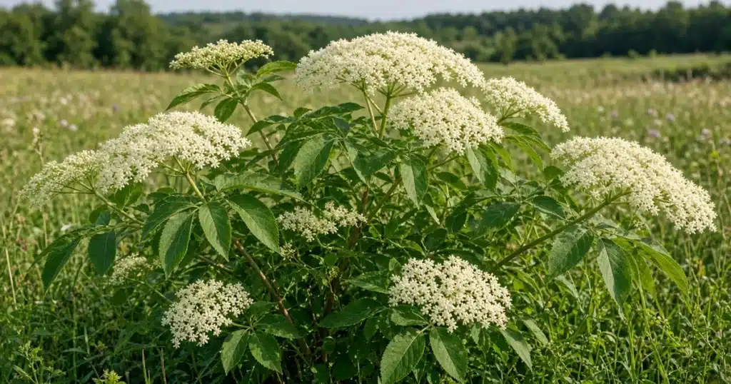 American elderberry shrub with white flower clusters