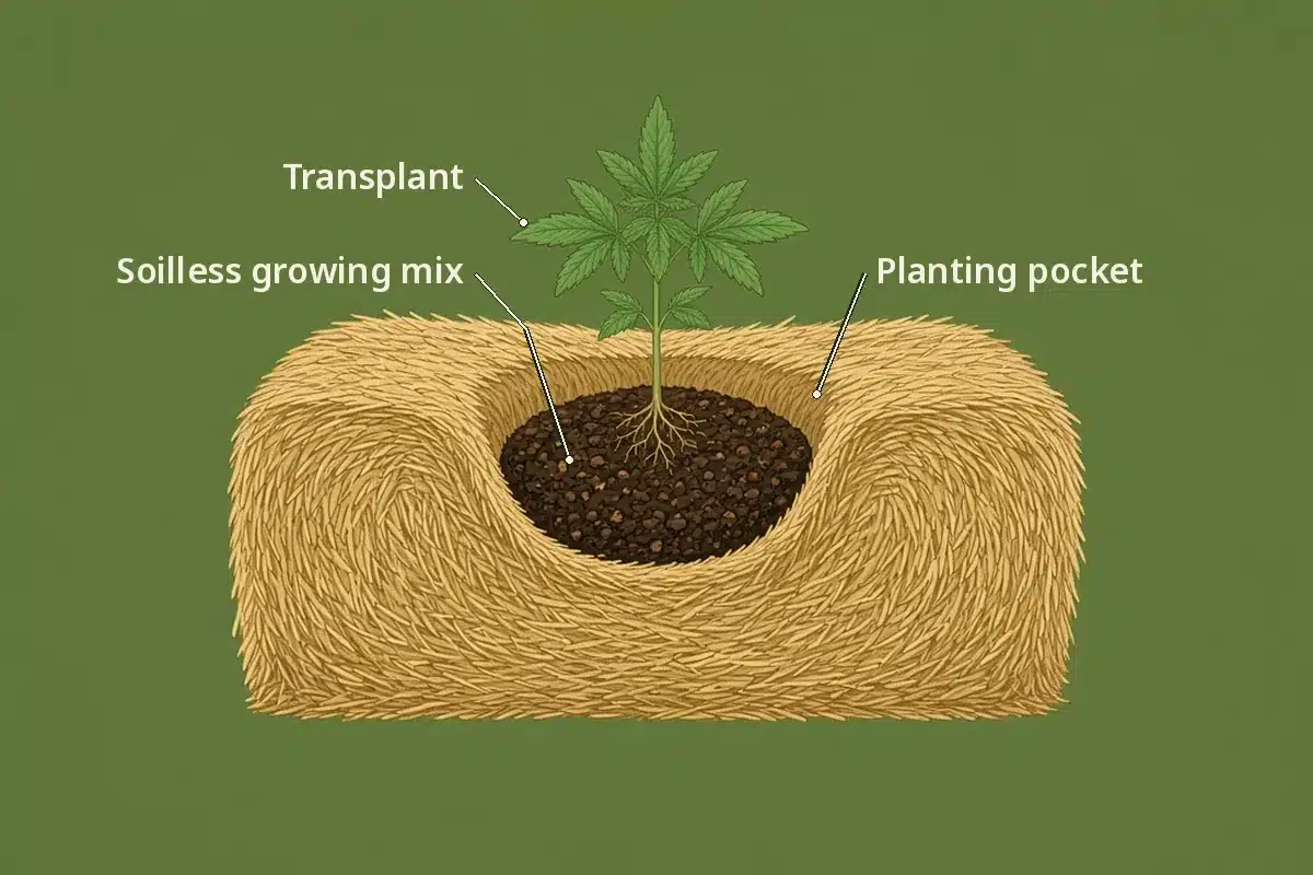 Diagram of a planting pocket cross-section in a straw bale with growing mix and a transplant