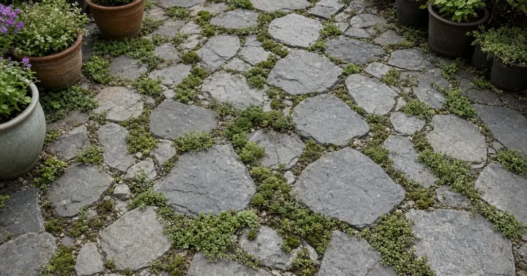 Low plants growing in gaps of a stone patio