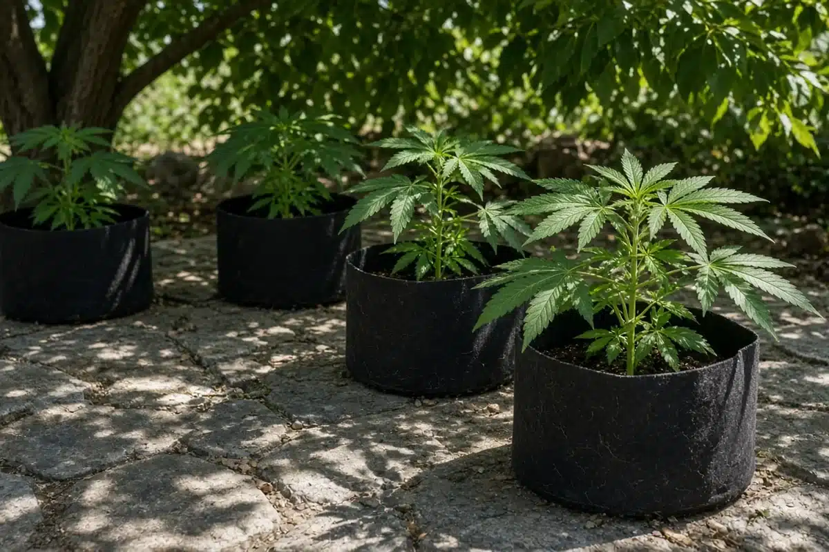 Potted cannabis plants set outdoors in dappled shade during their first days of adjusting to sunlight