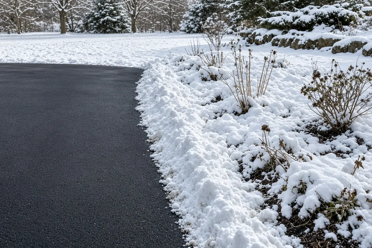 Plowed snow piled on a garden bed beside a driveway