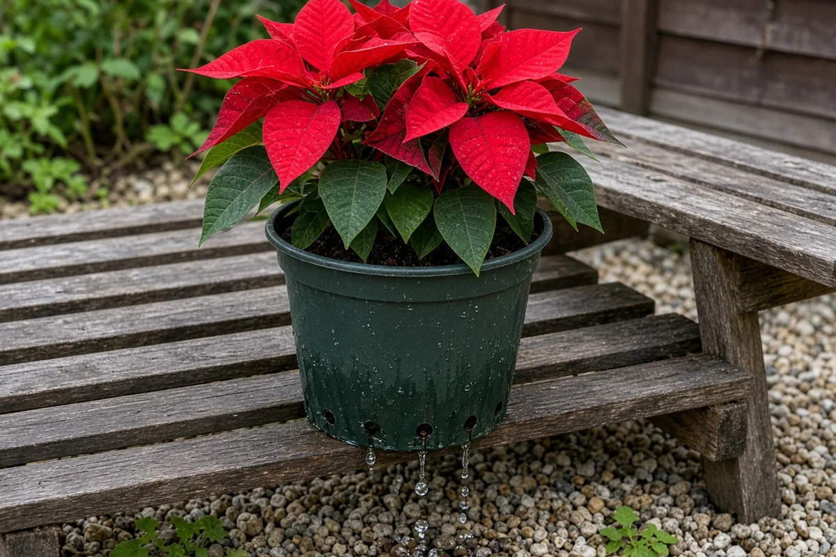 Poinsettia pot draining on a garden bench