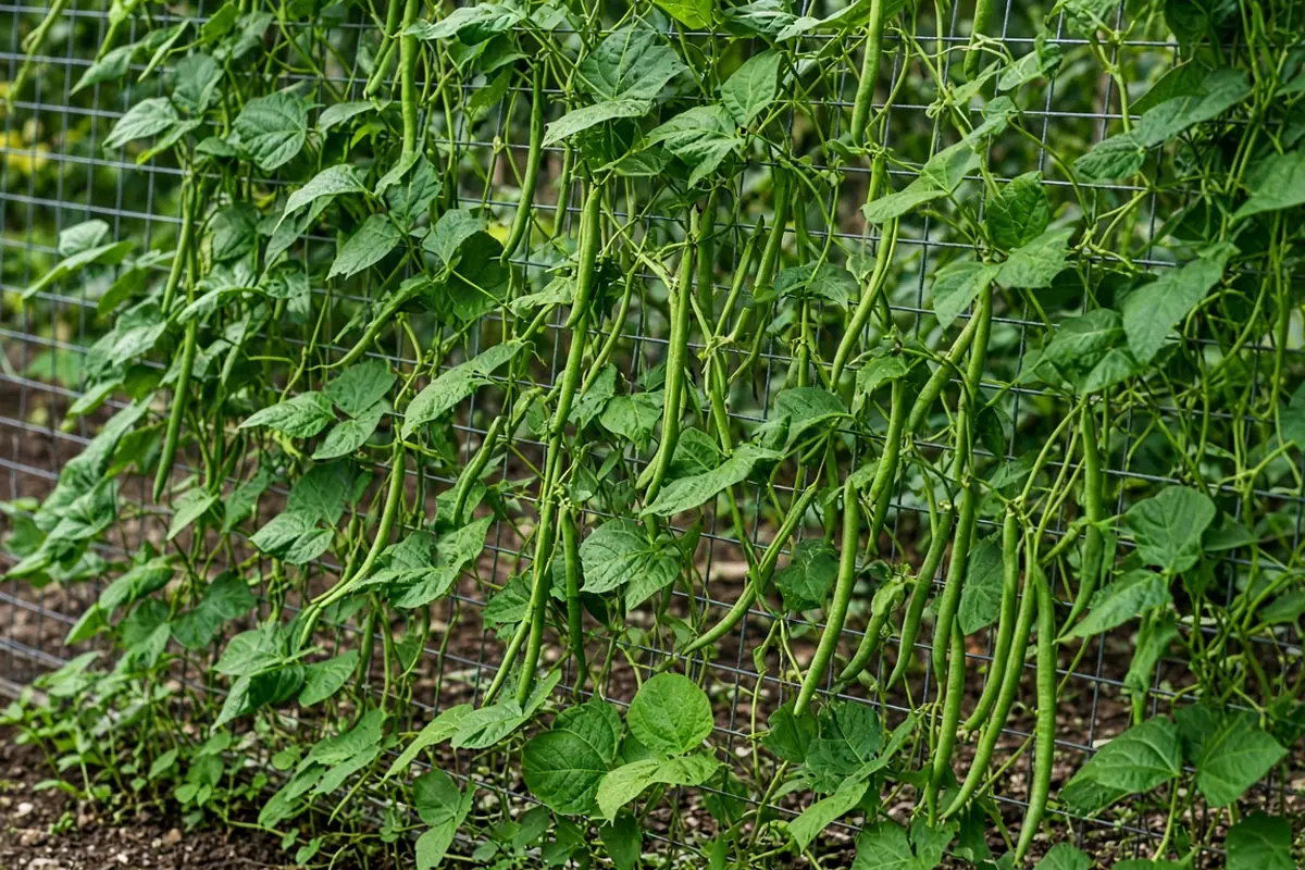 Pole beans climbing a trellis