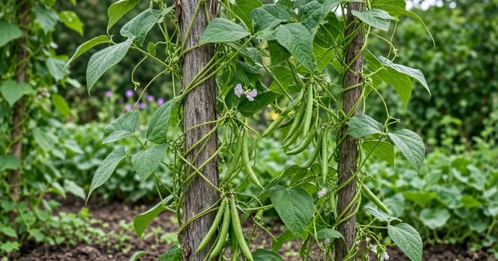 Pole bean vines twining up rough wooden poles