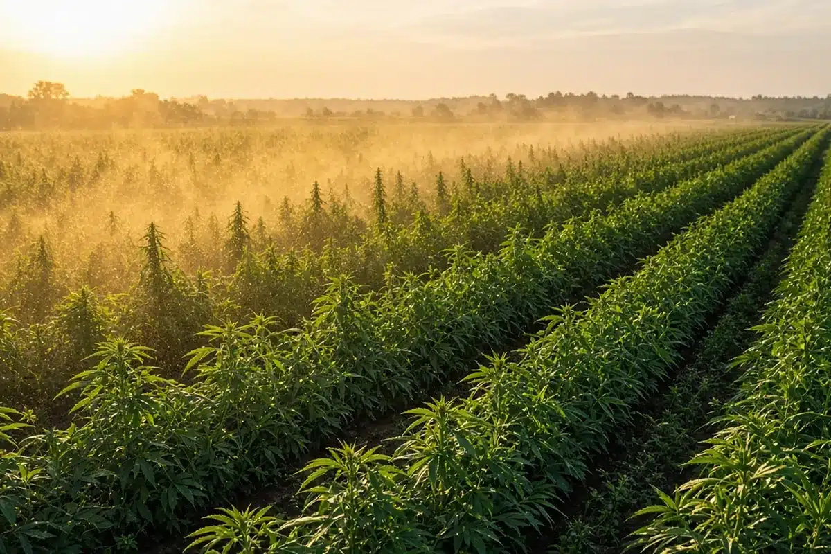 Fine pollen drifting on the wind above rows of hemp plants on a farm in summer