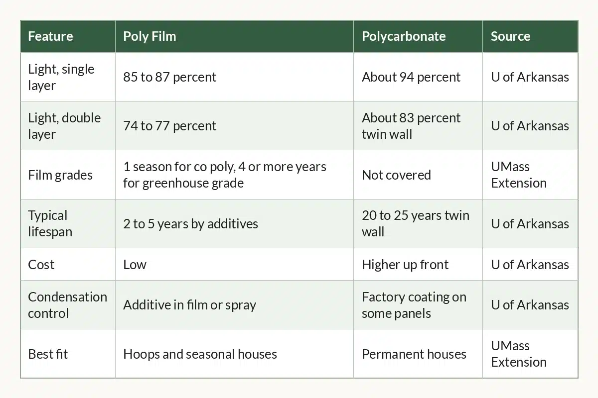 Table graphic of Poly Film vs Polycarbonate at a Glance, 7 rows by 4 columns