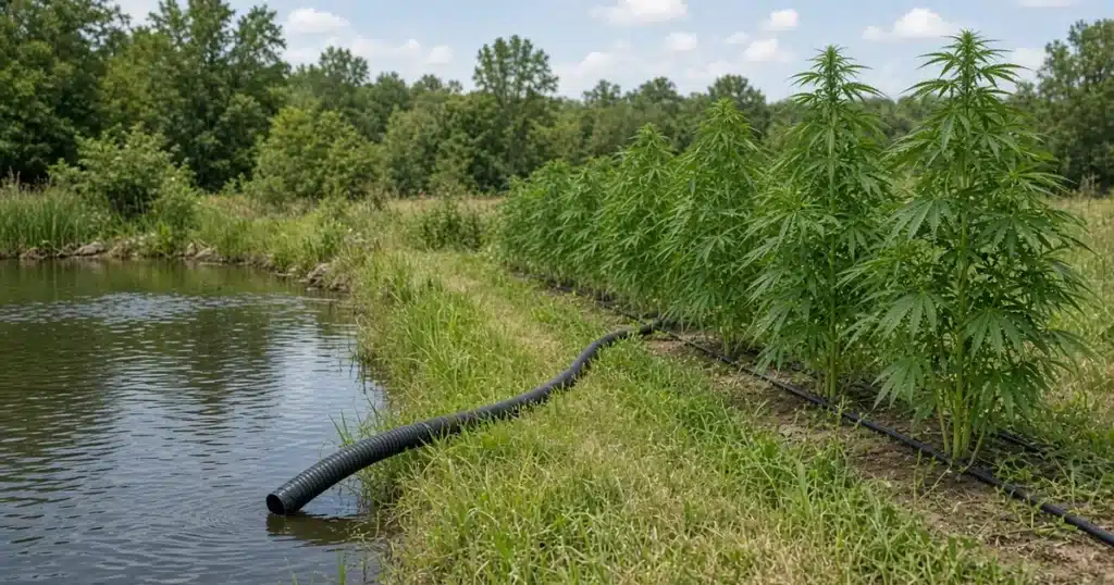 Small farm pond with a pump intake hose running toward a row of outdoor cannabis plants on drip lines