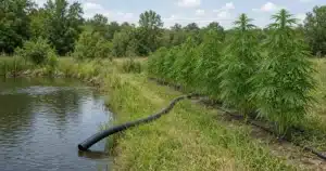Small farm pond with a pump intake hose running toward a row of outdoor cannabis plants on drip lines