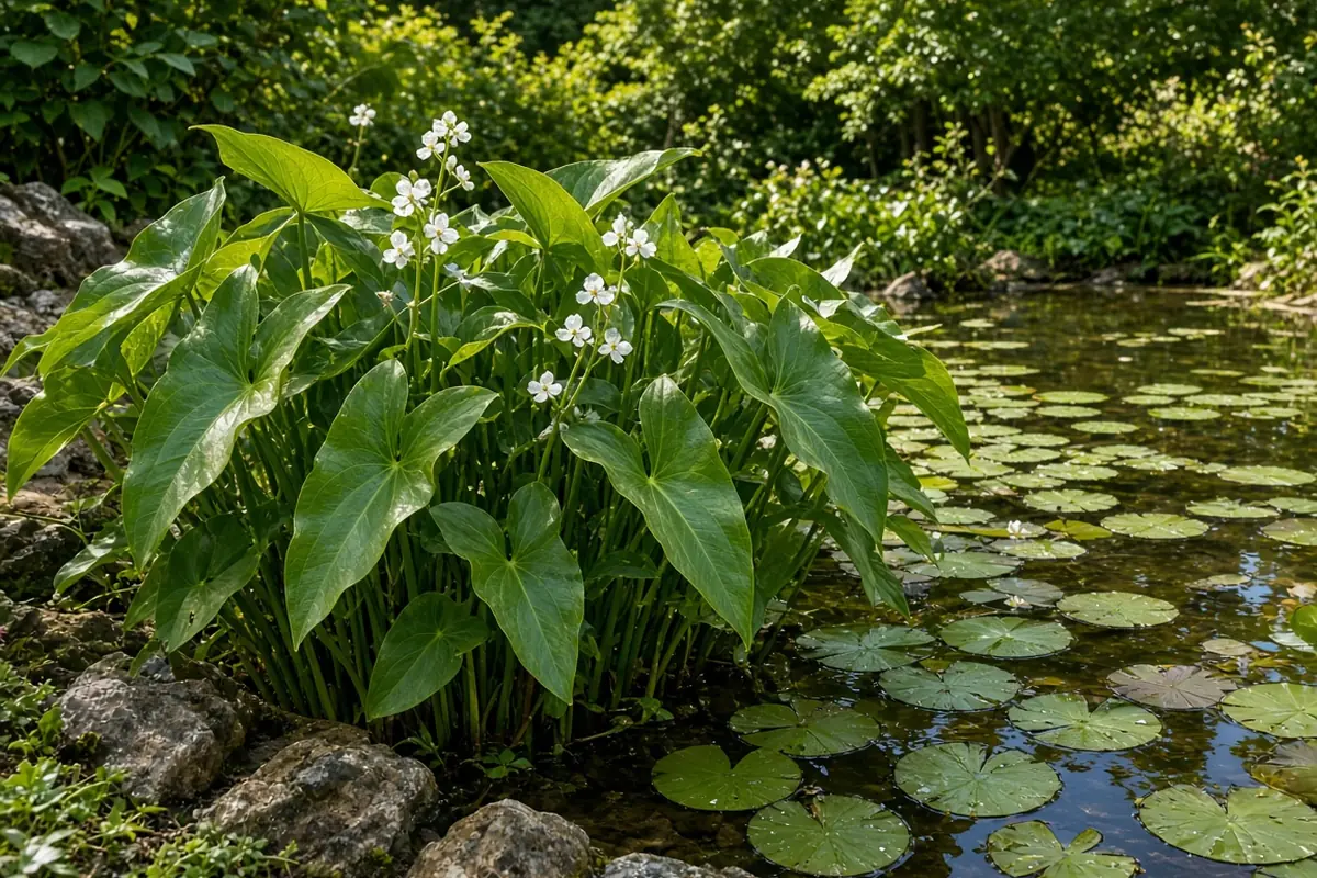 Pond margin planted with arrowhead