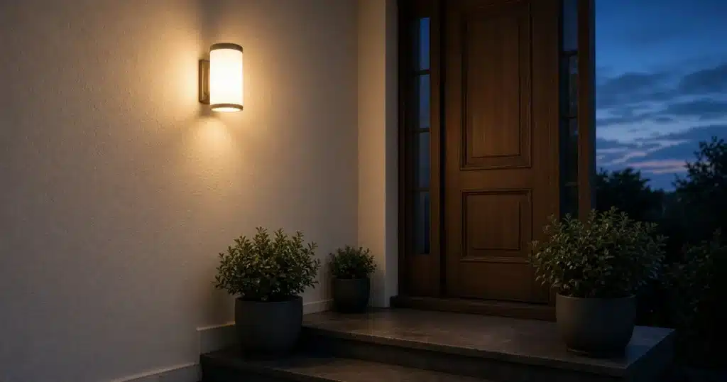 Warm white porch light glowing over a front door at dusk