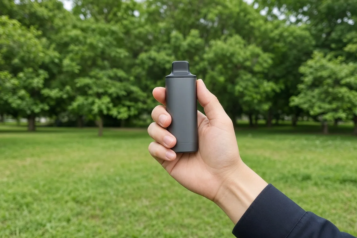 Portable dry herb vaporizer held in a hand