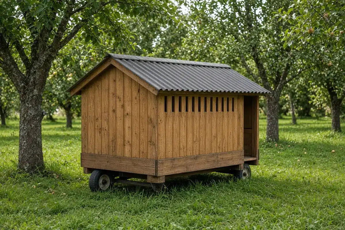 Portable poultry shelter in an orchard with grass