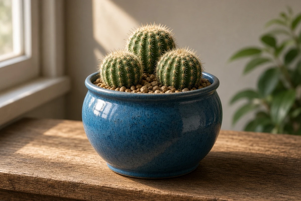 Pot of spiny round cacti on a sunny shelf