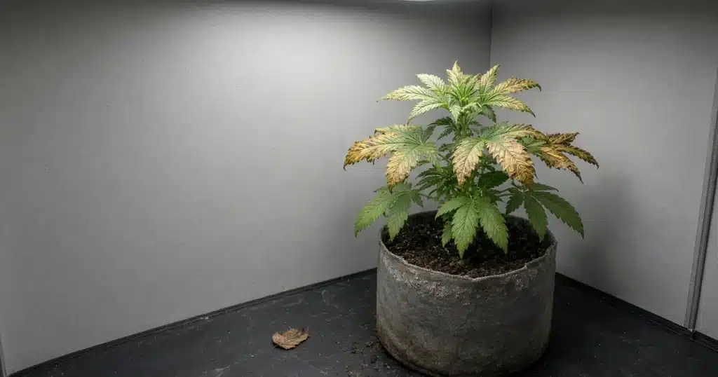 Cannabis leaves with brown crispy edges and yellow tips