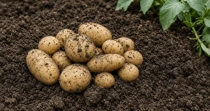 Freshly dug potatoes in loose soil