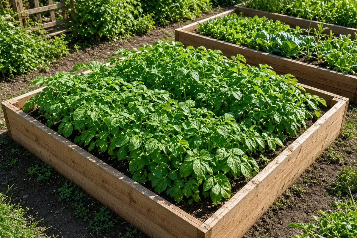 Potato foliage in a raised bed in midsummer
