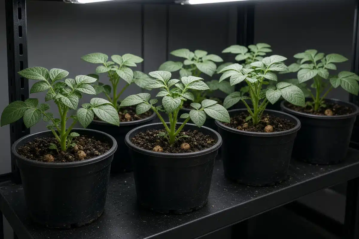 Potato seedlings under grow lights