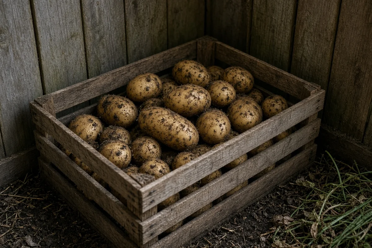 Potatoes curing in a dark crate