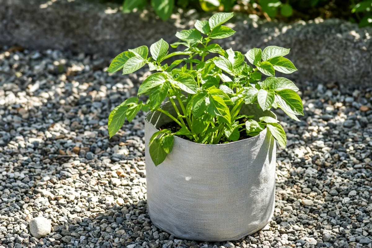 Potatoes growing in a fabric grow bag