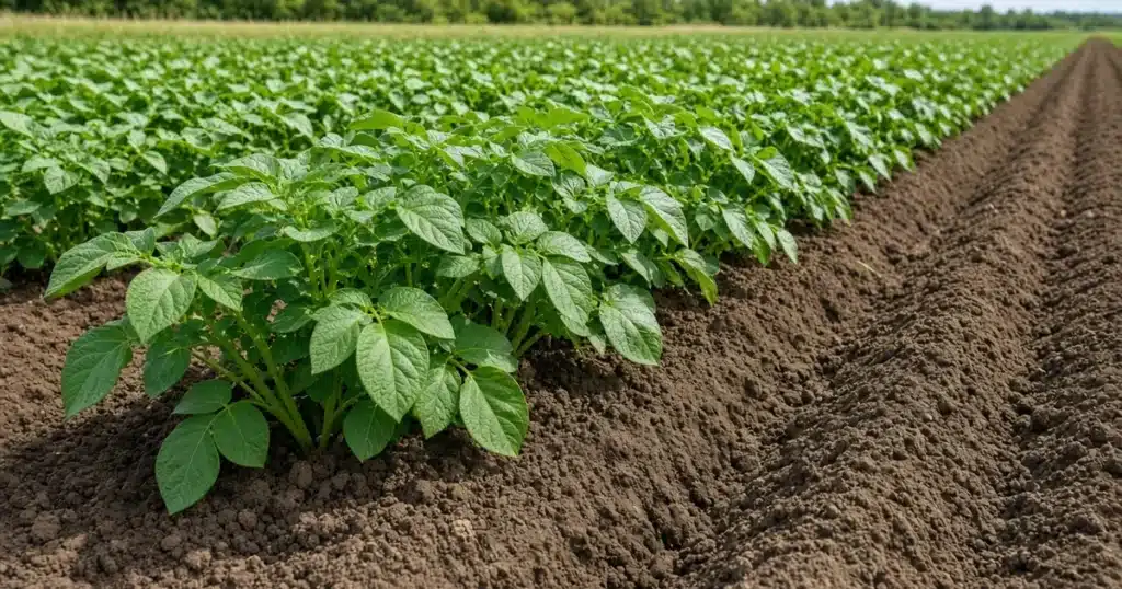 Green potato plants in a garden row without flowers