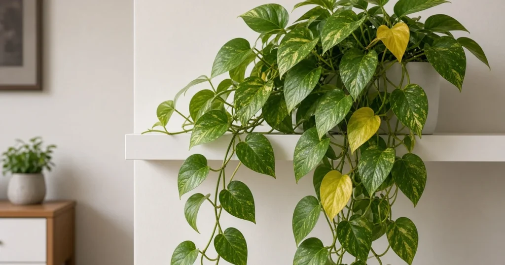 Trailing pothos with a few yellow leaves
