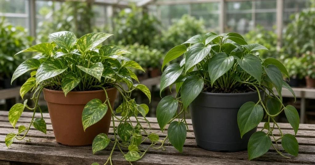 Pothos and philodendron trailing side by side