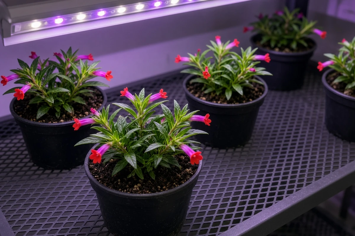 Pots of flowering cuphea under a grow light