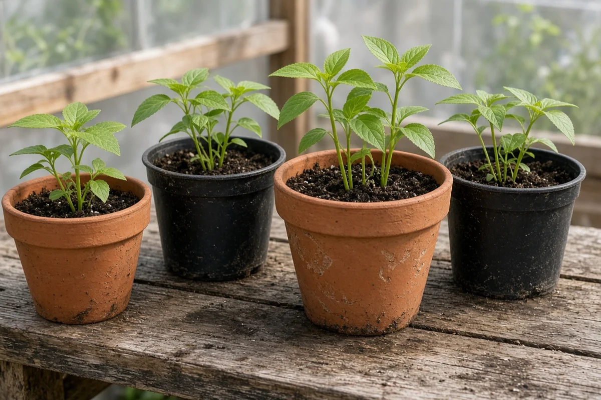 Pots of rooted perennial shoots