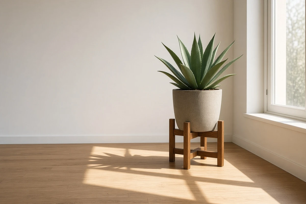 Potted agave on a wooden stand in a sunny room