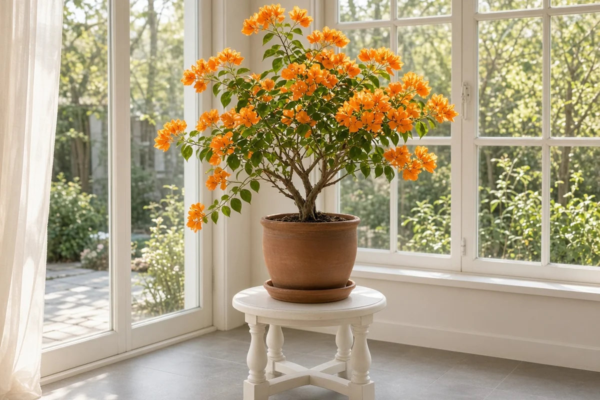 Potted bougainvillea on a sunny indoor stand