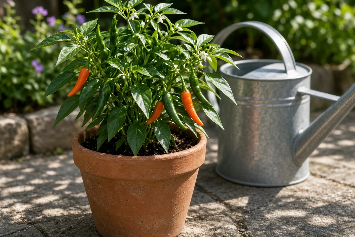 Potted chili pepper plant beside a metal watering can