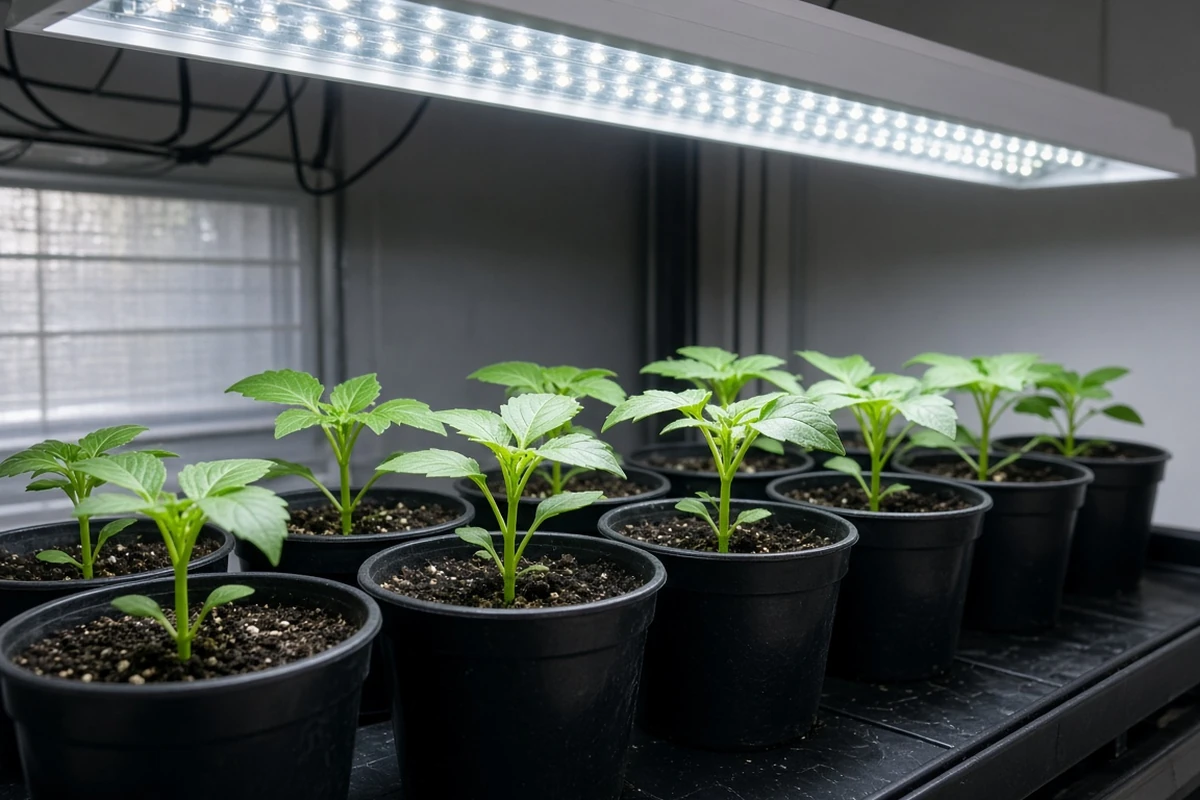 Potted dahlia sprouts under a grow light