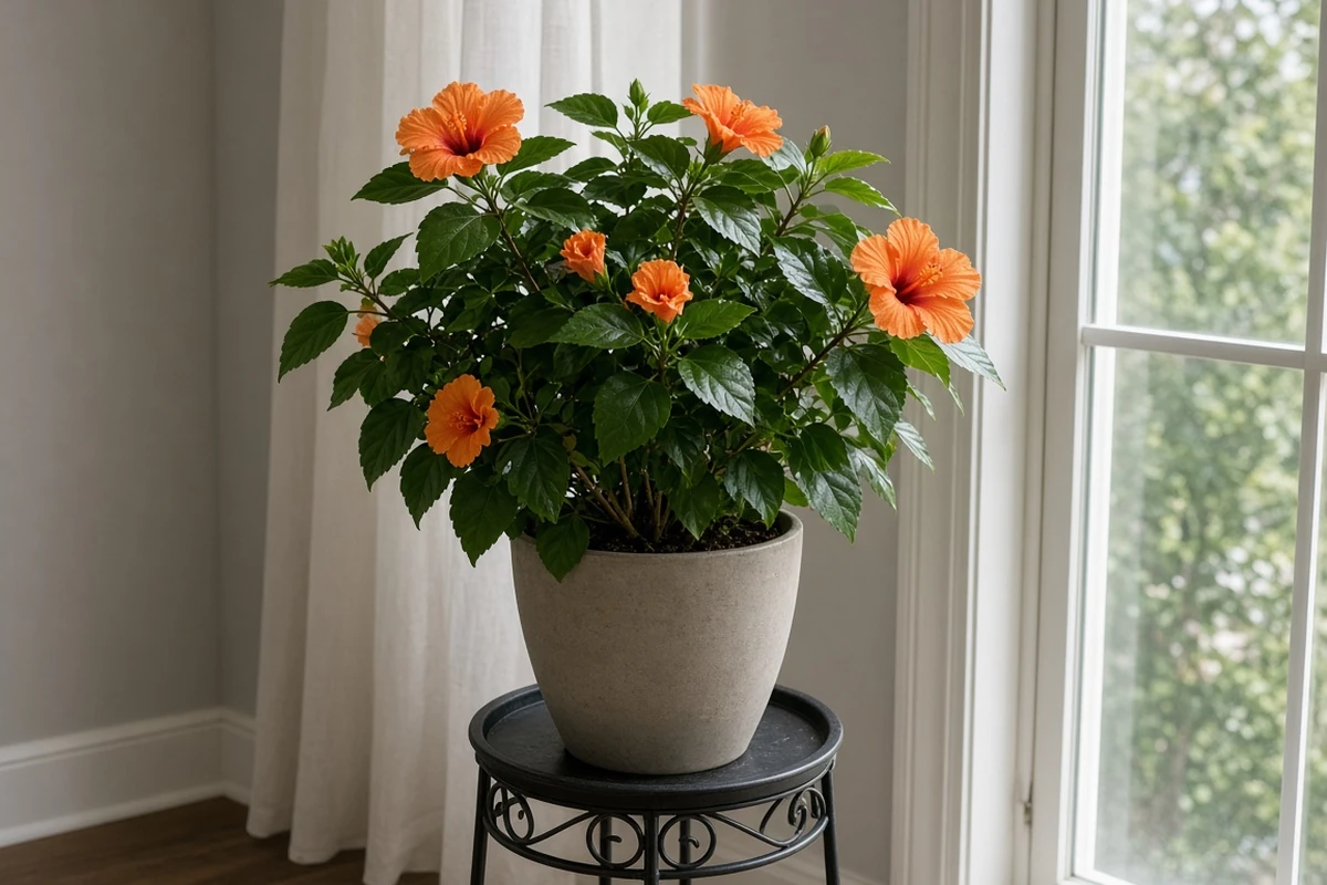 Potted hibiscus on a bright indoor plant stand