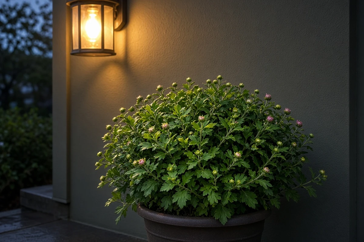 Potted mum in bud beside a lit porch light at dusk