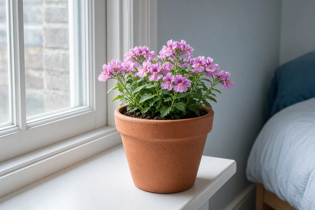 Potted nemesia on a cool bright windowsill