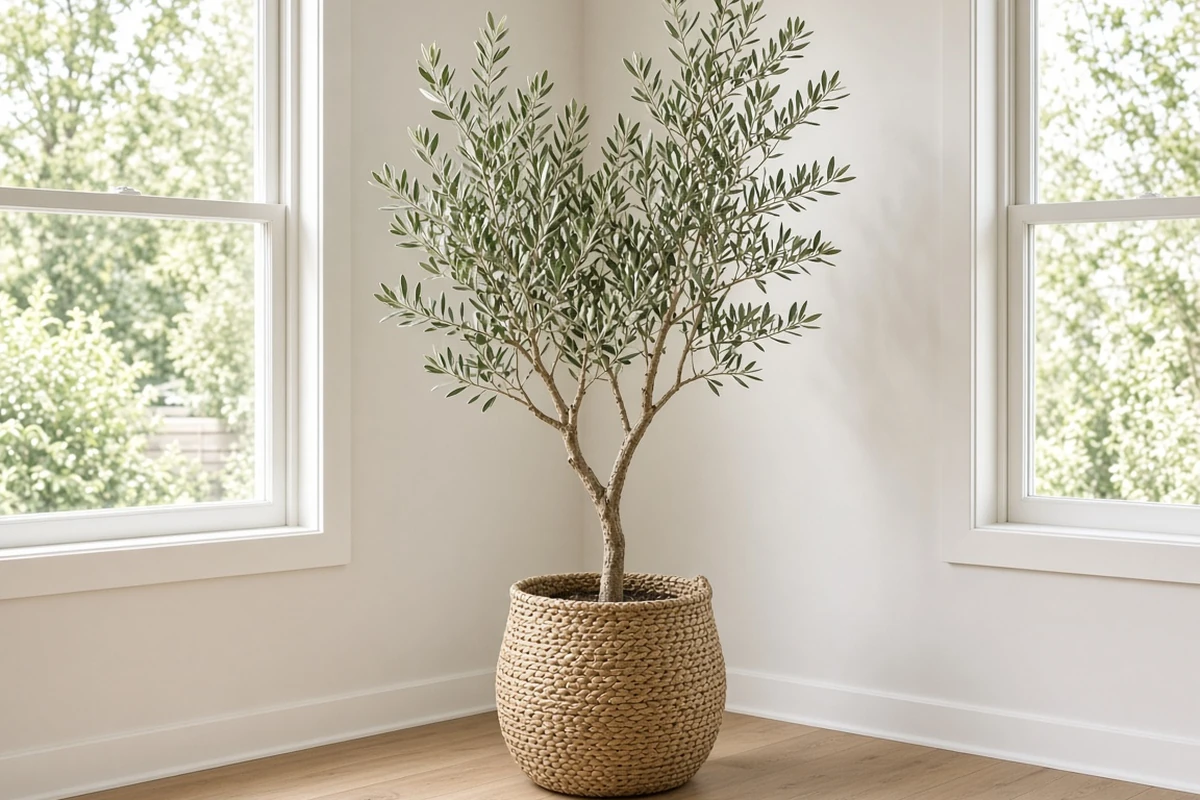 Potted olive tree in a bright room corner