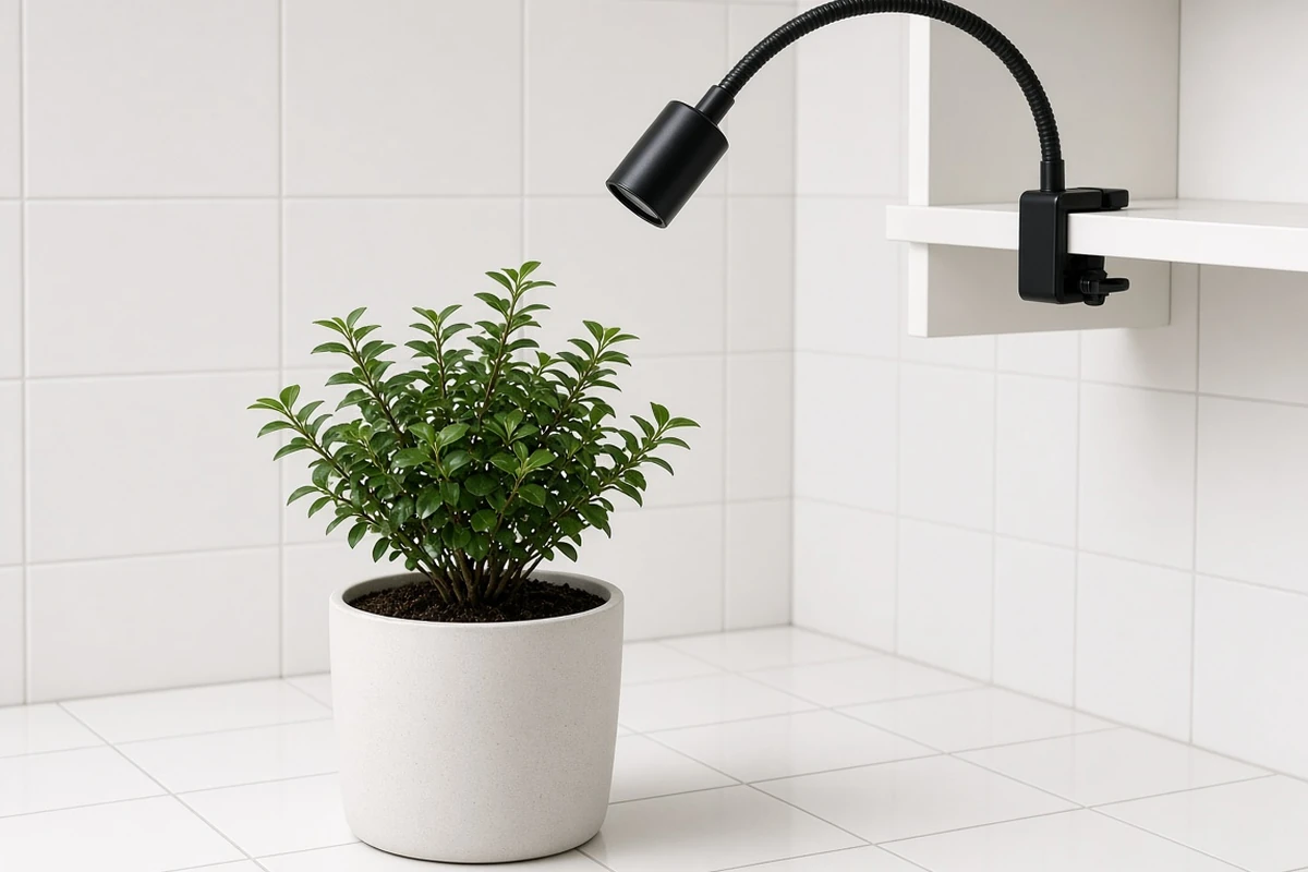 Potted shrub under a hanging grow light